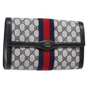 GUCCI GG Supreme Sherry Line Clutch Bag PVC Navy Gold 67 014 3087 Auth 140986